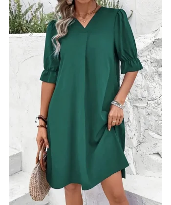 Kadın Kısa Kollu V Yakalı Salaş Janjan Krep Elbise