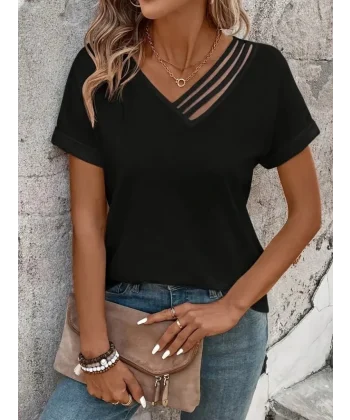 Kadın Kısa Kollu V Yakalı şerit Detaylı Viskon Bluz