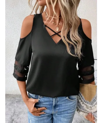 Kadın Kısa Kollu V Yakalı Soğuk Omuz Kolda Ip Detaylı Kolda şifon Tül Detaylı Janjan Krep Bluz