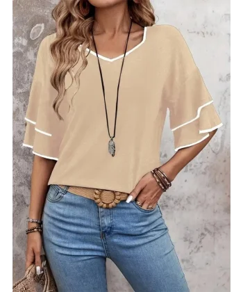 Kadın Kısa Kollu V Yakalı Viskon Bluz