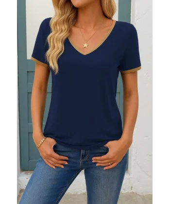 Kadın Kısa Kollu V Yakalı Viskon Bluz