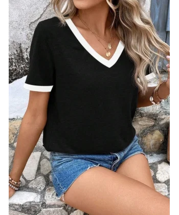 Kadın Kısa Kollu V Yakalı Viskon Bluz