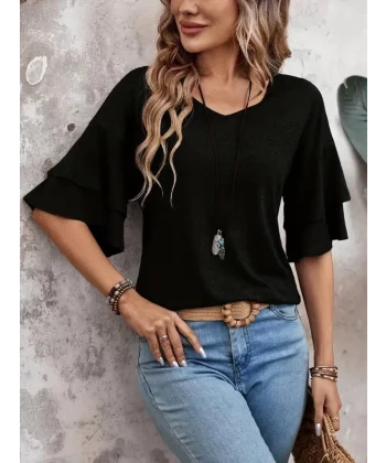 Kadın Kısa Kollu V Yakalı Viskon Bluz