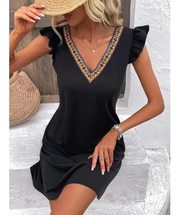 Kadın Kısa Kollu V Yakalı Viskon Elbise