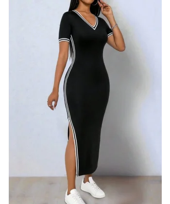 Kadın Kısa Kollu V Yakalı Yandan Yırtmaçlı Viskon Iki Iplik Elbise