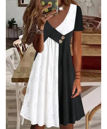 Kadın Kısa Kollu V Yakalı Zıt Renkli Brode Artı Viskon Elbise