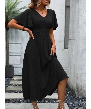 Kadın Kısa Kollu Volanlı Kol Beli Gipeli Jakarlı Vual Midi Boy Elbise