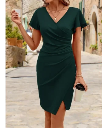 Kadın Kısa Kollu Volanlı Kruvaze Yaka Yanlardan Büzgülü Ithal Krep Elbise