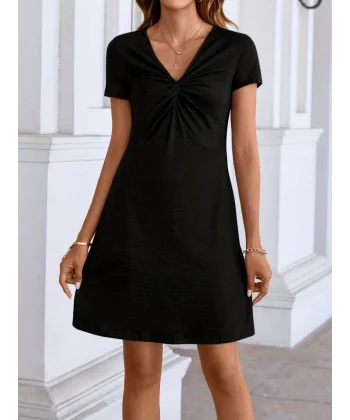 Kadın Kısa Kollu Yaka Detay Viskon Elbise