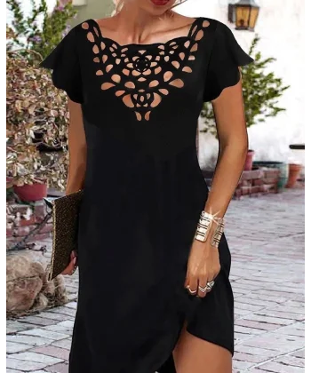 Kadın Kısa Kollu Yaka Lazer Kesim Sandy Elbise