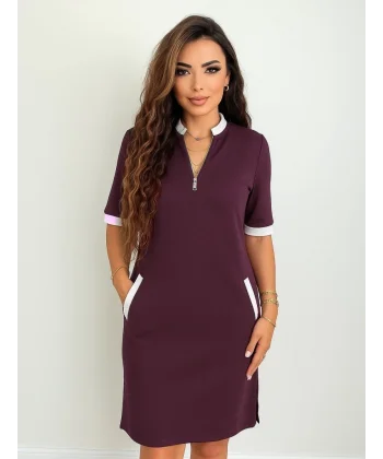 Kadın Kısa Kollu Yakadan Fermuarlı Cepli Yandan Yırtmaçlı Viskon Elbise