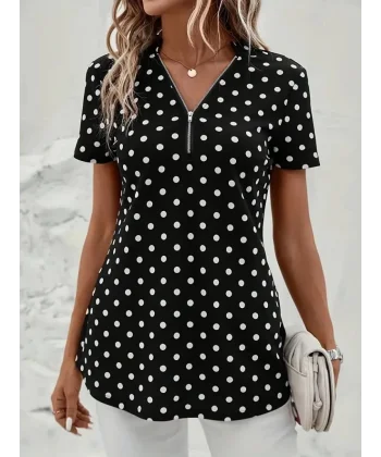 Kadın Kısa Kollu Yakadan Fermuarlı Puantiyeli Uzun Dokuma Viskon Bluz