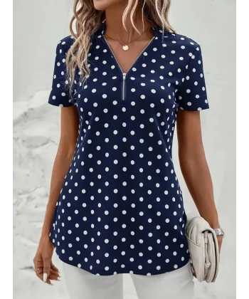 Kadın Kısa Kollu Yakadan Fermuarlı Puantiyeli Uzun Dokuma Viskon Bluz