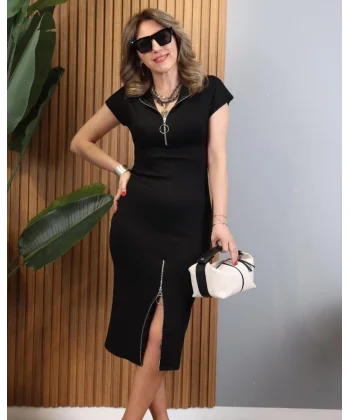 Kadın Kısa Kollu Yakadan Ve Eteği Fermuarlı Viskon Iki Iplik Midi Elbise