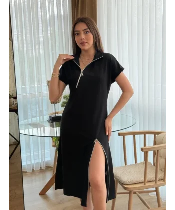 Kadın Kısa Kollu Yakadan Ve Etekten Fermuarlı Midi Viskon Iki Iplik Elbise