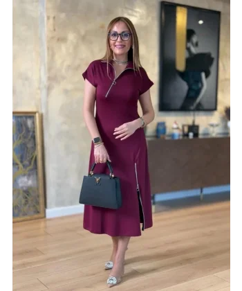 Kadın Kısa Kollu Yakadan Ve Etekten Fermuarlı Midi Viskon Iki Iplik Elbise