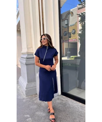 Kadın Kısa Kollu Yakadan Ve Etekten Fermuarlı Midi Viskon Iki Iplik Elbise
