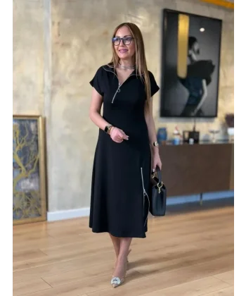 Kadın Kısa Kollu Yakadan Ve Etekten Fermuarlı Midi Viskon Iki Iplik Elbise