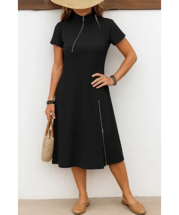 Kadın Kısa Kollu Yakadan Ve Etekten Fermuarlı Midi Viskon Iki Iplik Elbise