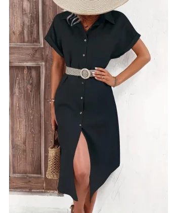 Kadın Kısa Kollu Yakalı Düğme Detay Midi Dokuma Elbise