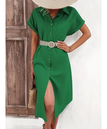 Kadın Kısa Kollu Yakalı Düğme Detay Midi Dokuma Elbise