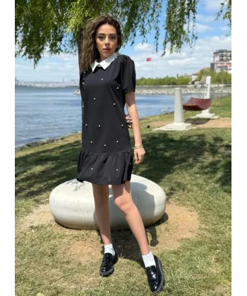 Kadın Kısa Kollu Yakalı Inci Detaylı Kısa Ithal Krep Elbise