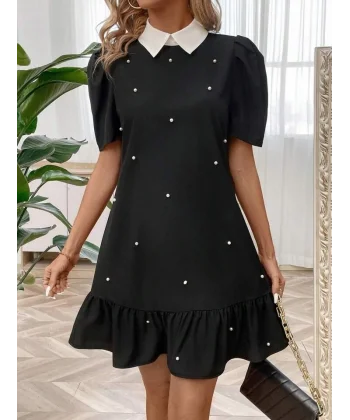 Kadın Kısa Kollu Yakalı Inci Detaylı Kısa Ithal Krep Elbise