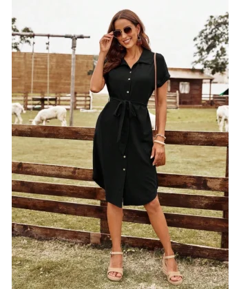 Kadın Kısa Kollu Yakalı önden Düğmeli Beli Kuşaklı Bürümcük Elbise