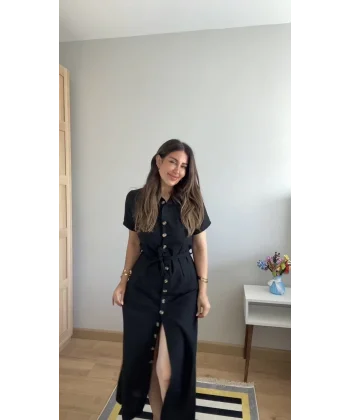 Kadın Kısa Kollu Yakalı önden Düğmeli Beli Kuşaklı Ithal Keten Elbise