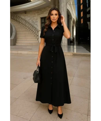 Kadın Kısa Kollu Yakalı önden Düğmeli Beli Kuşaklı Ithal Keten Elbise