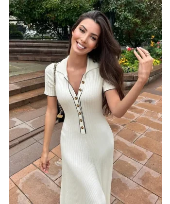 Kadın Kısa Kollu Yakalı önden Düğmeli Maxi Triko Elbise