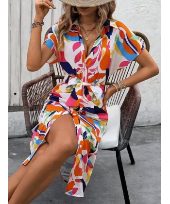 Kadın Kısa Kollu Yakalı önü Düğmeli önden Drapeli Desenli Süprem Elbise