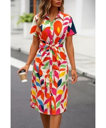 Kadın Kısa Kollu Yakalı önü Düğmeli önden Drapeli Desenli Süprem Elbise