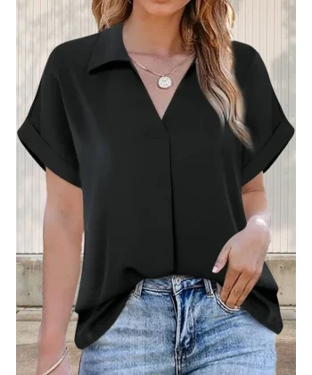 Kadın Kısa Kollu Yakalı Uzun Sandy Bluz