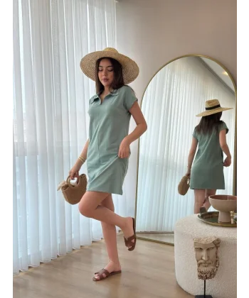 Kadın Kısa Kollu Yakalı Viskon Iki Iplik Elbise