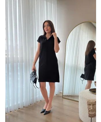 Kadın Kısa Kollu Yakalı Viskon Iki Iplik Elbise