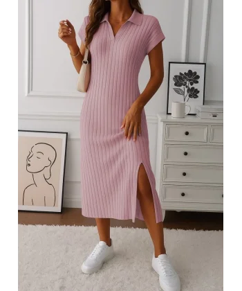 Kadın Kısa Kollu Yakalı Yandan Yırtmaçlı Kalın Fitilli Kaşkorse Elbise