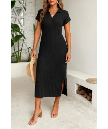 Kadın Kısa Kollu Yakalı Yandan Yırtmaçlı Kalın Fitilli Kaşkorse Elbise