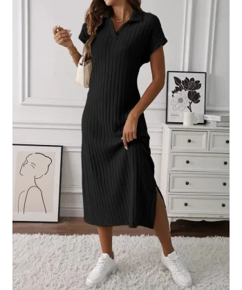 Kadın Kısa Kollu Yakalı Yandan Yırtmaçlı Kalın Fitilli Kaşkorse Elbise