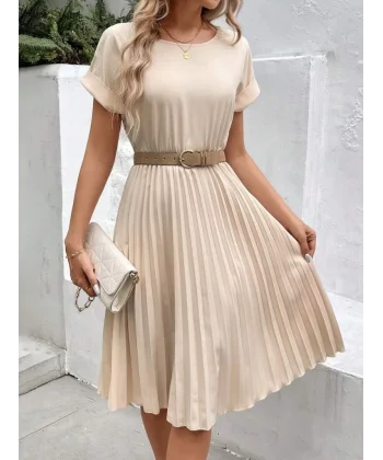 Kadın Kısa Kollu Yakası Açık Belden Lastikli Pileli Kısa Ithal Krep Elbise