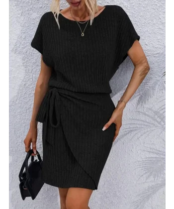 Kadın Kısa Kollu Yakası Açık Belden Lastikli Yandan Bağlamalı Kalın Fitilli Kaşkorse Elbise