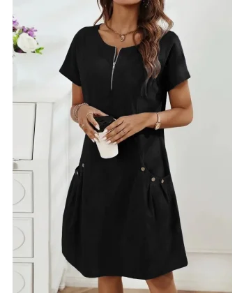 Kadın Kısa Kollu Yakası Açık Fermuarlı Cep Detaylı Ithal Keten Elbise