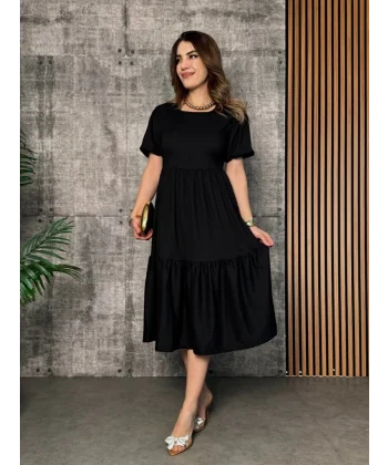 Kadın Kısa Kollu Yakası Açık Katlı Bürümcük Balon Elbise