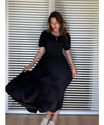 Kadın Kısa Kollu Yakası Açık Katlı Bürümcük Balon Elbise