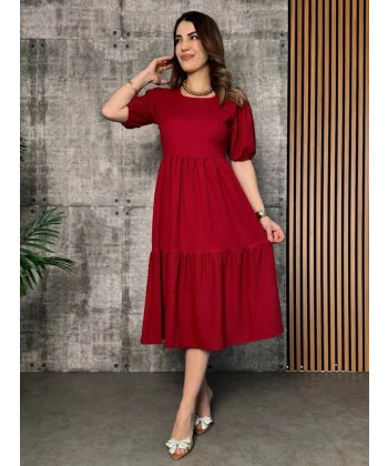 Kadın Kısa Kollu Yakası Açık Katlı Bürümcük Balon Elbise