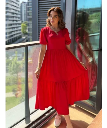 Kadın Kısa Kollu Yakası Açık Katlı Bürümcük Balon Elbise