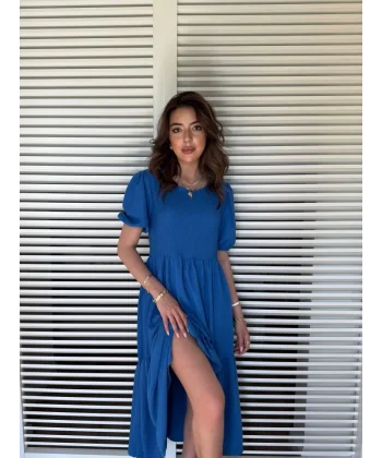 Kadın Kısa Kollu Yakası Açık Katlı Bürümcük Balon Elbise