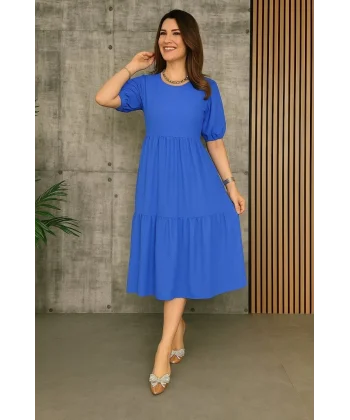 Kadın Kısa Kollu Yakası Açık Katlı Bürümcük Balon Elbise
