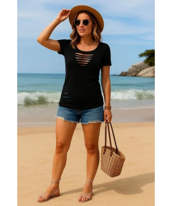 Kadın Kısa Kollu Yakası Açık Lazer Kesik Detaylı Viskon Bluz