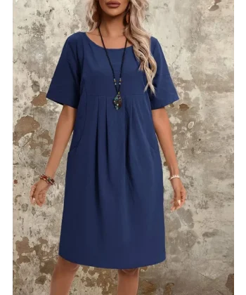 Kadın Kısa Kollu Yakası Açık önden Büzgülü Cep Detaylı Viskon Iki Iplik Elbise